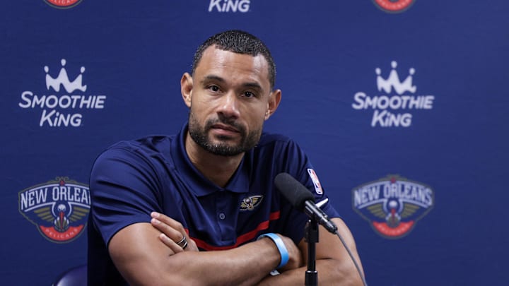 Sep 26, 2022; New Orleans, LA, USA; New Orleans Pelicans general manager Trajan Langdon during a press conference at the New Orleans Pelicans Media Day from the Smoothie King Center. Mandatory Credit: Stephen Lew-Imagn Images Sep 26, 2022; New Orleans, LA, USA; New Orleans Pelicans general manager Trajan Langdon during a press conference at the New Orleans Pelicans Media Day from the Smoothie King Center. Mandatory Credit: Stephen Lew-Imagn Images