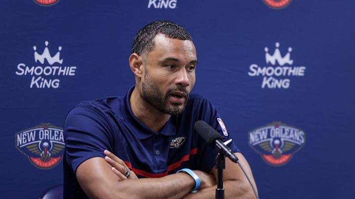 Sep 26, 2022; New Orleans, LA, USA;  New Orleans Pelicans general manager Trajan Langdon during a press conference at the New Orleans Pelicans Media Day from the Smoothie King Center. Mandatory Credit: Stephen Lew-Imagn Images