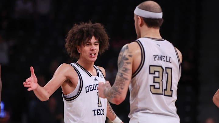 Feb 12, 2025; Atlanta, Georgia, USA; Georgia Tech Yellow Jackets guard Naithan George (1) and forward Duncan Powell (31) celebrate in the final seconds of a victory over the Stanford Cardinal at McCamish Pavilion. Mandatory Credit: Brett Davis-Imagn Images