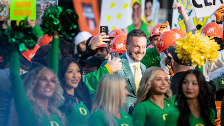 Oregon head coach Dan Lanning makes his entry during ESPN’s “College GameDay” Saturday, Oct. 12, 2024 on the campus of the University of Oregon in Eugene, Ore.