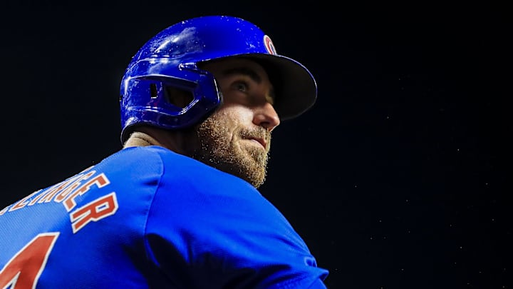 Jul 31, 2024; Cincinnati, Ohio, USA; Chicago Cubs designated hitter Cody Bellinger (24) stands in the dugout in the eighth inning in the game against the Cincinnati Reds at Great American Ball Park. Mandatory Credit: Katie Stratman-Imagn Images