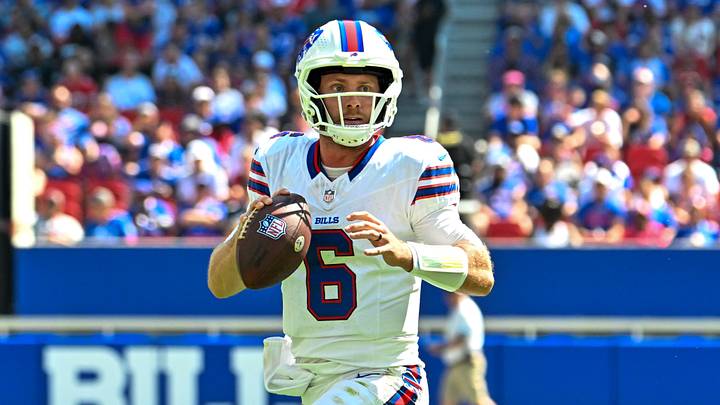 Aug 15, 2026; Orchard Park, New York, USA; Buffalo Bills quarterback Shane Buechele (6) moves out of the pocket in the third quarter against the Carolina Panthers at the New Highmark Stadium. 