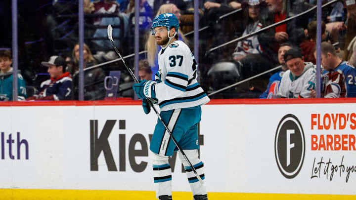 Feb 4, 2026; Denver, Colorado, USA; San Jose Sharks defenseman Timothy Liljegren (37) after scoring a goal in the third period against the Colorado Avalanche at Ball Arena. Mandatory Credit: Isaiah J. Downing-Imagn Images
