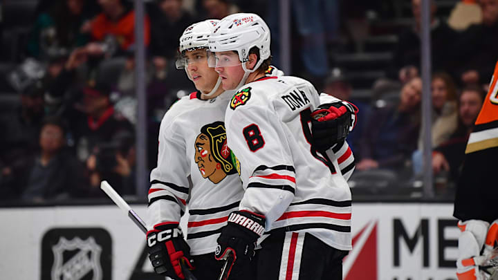 Mar 1, 2025; Anaheim, California, USA; Chicago Blackhawks center Ryan Donato (8) celebrates his goal scored against the Anaheim Ducks with center Teuvo Teravainen (86) during the third period at Honda Center. Mandatory Credit: Gary A. Vasquez-Imagn Images