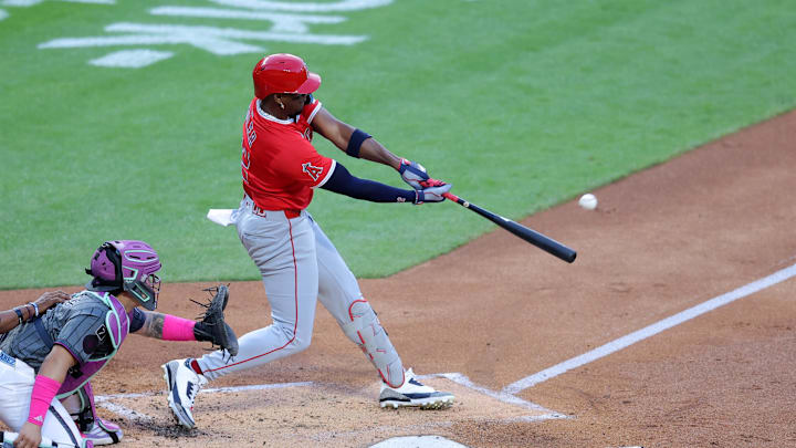 Jul 22, 2025; New York City, New York, USA; Los Angeles Angels right fielder Jorge Soler (12) hits a solo home run against the New York Mets during the second inning at Citi Field. Mandatory Credit: Brad Penner-Imagn Images