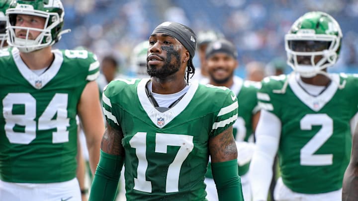 Sep 15, 2024; Nashville, Tennessee, USA; New York Jets wide receiver Malachi Corley (17) takes the field against the Tennessee Titans during the first half at Nissan Stadium. Sep 15, 2024; Nashville, Tennessee, USA; New York Jets wide receiver Malachi Corley (17) takes the field against the Tennessee Titans during the first half at Nissan Stadium.