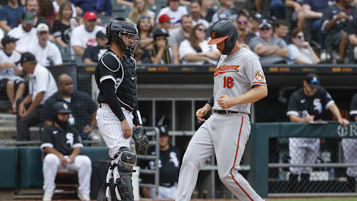Baltimore Orioles right fielder Trey Mancini (16) scores against the Chicago White Sox during the seventh inning at Guaranteed Rate Field in 2022.