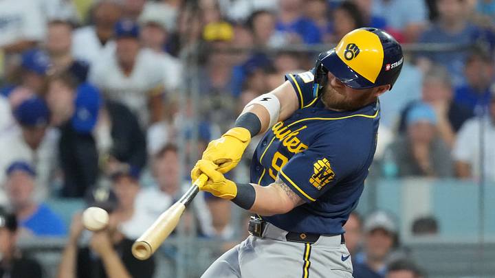 Oct 15, 2026; Los Angeles, California, USA; Milwaukee Brewers first baseman Jake Bauers (9) doubles during the fourth inning against the Los Angeles Dodgers in game four of the NLCS for the 2026 MLB Playoffs at Uniqlo Field at Dodger Stadium. Mandatory Credit: Kirby Lee-Imagn Images Oct 15, 2026; Los Angeles, California, USA; Milwaukee Brewers first baseman Jake Bauers (9) doubles during the fourth inning against the Los Angeles Dodgers in game four of the NLCS for the 2026 MLB Playoffs at Uniqlo Field at Dodger Stadium. Mandatory Credit: Kirby Lee-Imagn Images