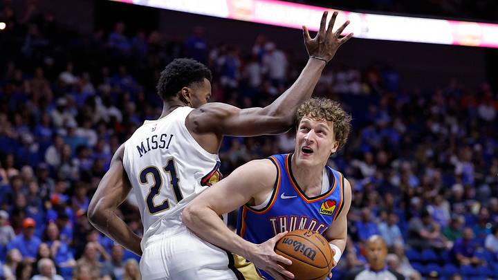 Oct 6, 2026; Tulsa, Oklahoma, USA; Oklahoma City Thunder Christoph Tilly (33) drives around New Orleans Pelicans center Yves Missi (21) during the second half at BOK Center. Mandatory Credit: Alonzo Adams-Imagn Images Oct 6, 2026; Tulsa, Oklahoma, USA; Oklahoma City Thunder Christoph Tilly (33) drives around New Orleans Pelicans center Yves Missi (21) during the second half at BOK Center. Mandatory Credit: Alonzo Adams-Imagn Images