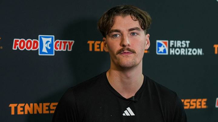 Tennessee guard Tyler Lundblade (7) speaks during a media availability before a Tennessee basketball practice at Pratt Pavilion on Sept. 22, 2026. Tennessee guard Tyler Lundblade (7) speaks during a media availability before a Tennessee basketball practice at Pratt Pavilion on Sept. 22, 2026.