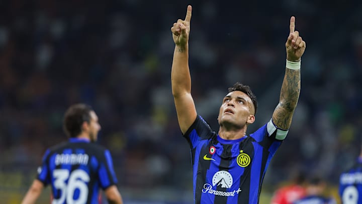 Lautaro Martinez of FC Internazionale celebrates after...