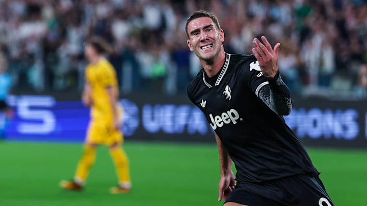 Dusan Vlahovic of Juventus FC celebrates after scoring a...