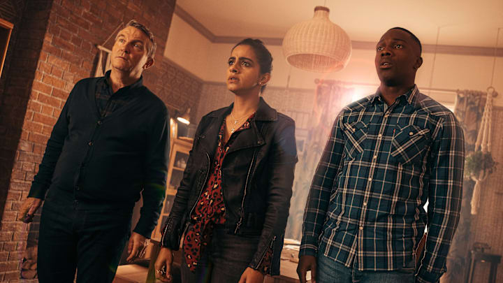 Bradley Walsh as Graham, Mandip Gill as Yaz, Tosin Cole as Ryan - Doctor Who Special 2020: Revolution Of The Daleks - Photo Credit: James Pardon/BBC Studios/BBCA