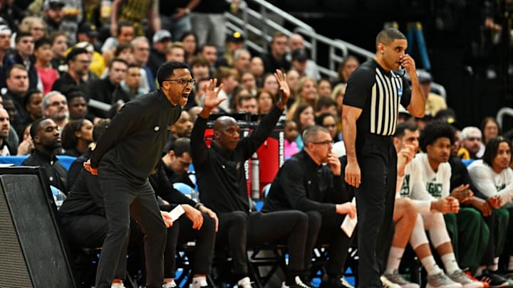 Mar 20, 2026; St. Louis, MO, USA; Miami (FL) Hurricanes head coach Jai Lucas reacts during the first half against Missouri Tigers during a first round game of the men's 2026 NCAA Tournament at Enterprise Center. Mandatory Credit: Jeff Le-Imagn Images