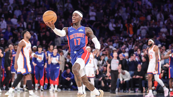 Apr 29, 2025; New York, New York, USA; Detroit Pistons guard Dennis Schroder (17) throws the ball up in the air as the time runs out in the fourth quarter against the New York Knicks during game five of first round for the 2025 NBA Playoffs at Madison Square Garden. Mandatory Credit: Wendell Cruz-Imagn Images Apr 29, 2025; New York, New York, USA; Detroit Pistons guard Dennis Schroder (17) throws the ball up in the air as the time runs out in the fourth quarter against the New York Knicks during game five of first round for the 2025 NBA Playoffs at Madison Square Garden. Mandatory Credit: Wendell Cruz-Imagn Images