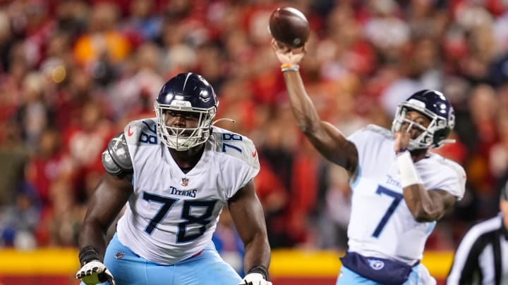 Nov 6, 2022; Kansas City, Missouri, USA; Tennessee Titans offensive tackle Nicholas Petit-Frere (78) looks to block as quarterback Malik Willis (7) throws a pass during the first half  against the Kansas City Chiefs at GEHA Field at Arrowhead Stadium. Mandatory Credit: Jay Biggerstaff-USA TODAY Sports