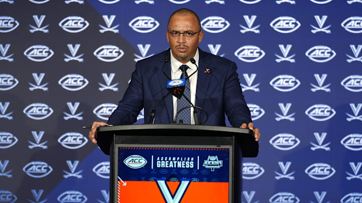 Jul 22, 2025; Charlotte, NC, USA; Virginia head coach Tony Elliott answers questions from the media during ACC Media Days at Hilton Charlotte Uptown. Mandatory Credit: Jim Dedmon-Imagn Images