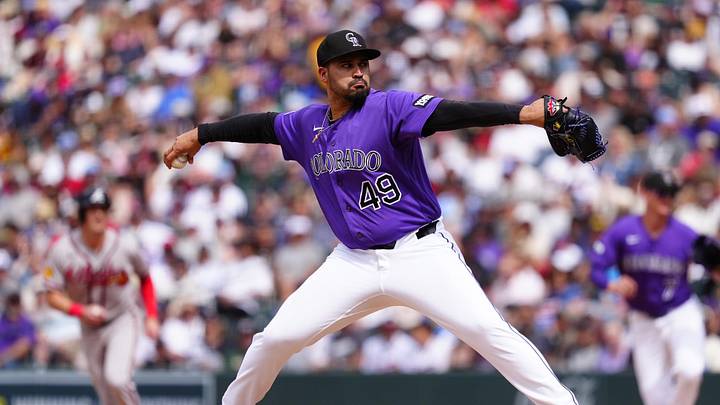 May 3, 2026; Denver, Colorado, USA; Colorado Rockies relief pitcher Antonio Senzatela (49) delivers a pitch in the sixth inning against the Colorado Rockies at Coors Field. Mandatory Credit: Ron Chenoy-Imagn Images
