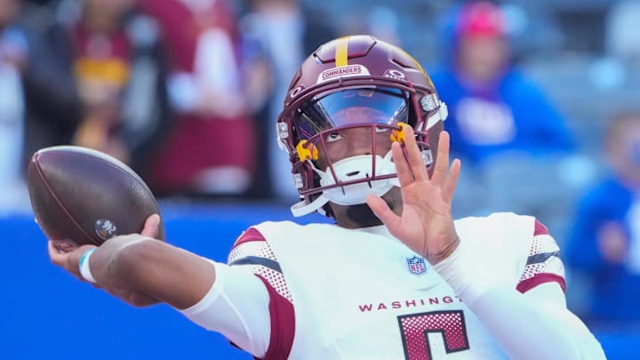 Nov 3, 2024; East Rutherford, New Jersey, USA; Washington Commanders quarterback Jayden Daniels (5) pre game against the New York Giants at MetLife Stadium. Mandatory Credit: Robert Deutsch-Imagn Images