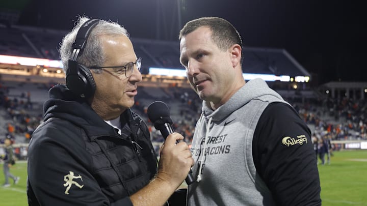 Nov 8, 2025; Charlottesville, Virginia, USA; Wake Forest Demon Deacons head coach Jake Dickert speaks to the media after defeating the Virginia Cavaliers at Scott Stadium. Mandatory Credit: Amber Searls-Imagn Images
