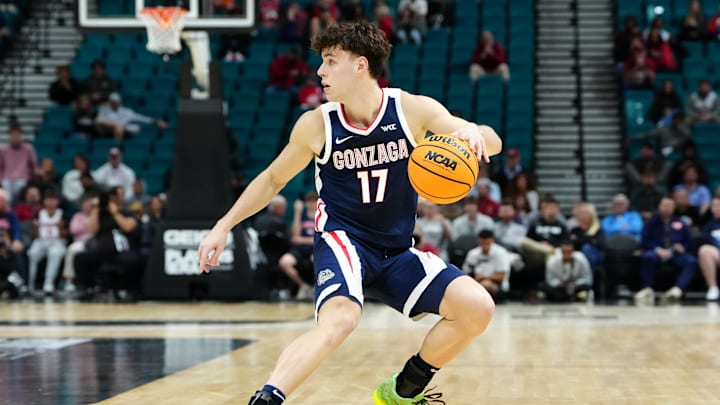 Nov 24, 2025; Las Vegas, Nevada, USA; Gonzaga Bulldogs guard Mario Saint-Supery (17) controls the ball against the Alabama Crimson Tide during the second half in a 2025 Players Era Festival group play game at MGM Grand Garden Arena.