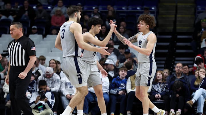 Dec 29, 2025; University Park, Pennsylvania, USA; Penn State Nittany Lions guard Dominick Stewart (7) is congratulated by teammates after being fouled during the second half against the North Carolina Central Eagles at Bryce Jordan Center. Mandatory Credit: Matthew O'Haren-Imagn Images