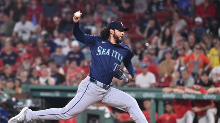 Seattle Mariners pitcher Andres Munoz (75) pitches against the Boston Red Sox during the ninth inning at Fenway Park on July 30. Seattle Mariners pitcher Andres Munoz (75) pitches against the Boston Red Sox during the ninth inning at Fenway Park on July 30.