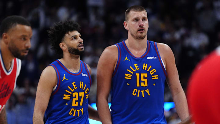 Apr 19, 2025; Denver, Colorado, USA; Denver Nuggets center Nikola Jokic (15) and Denver Nuggets guard Jamal Murray (27) during overtime against the LA Clippers at Ball Arena. Apr 19, 2025; Denver, Colorado, USA; Denver Nuggets center Nikola Jokic (15) and Denver Nuggets guard Jamal Murray (27) during overtime against the LA Clippers at Ball Arena.