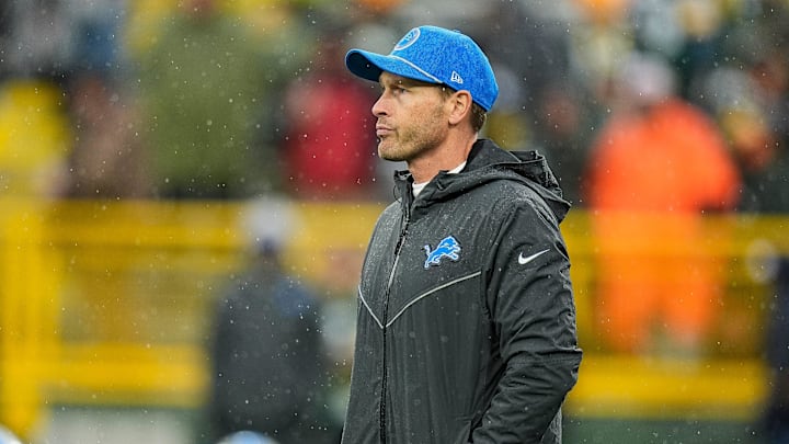 Detroit Lions offensive coordinator Ben Johnson watches warm up before the Green Bay Packers game at Lambeau Field in Green Bay, Wis. on Sunday, Nov. 3, 2024.