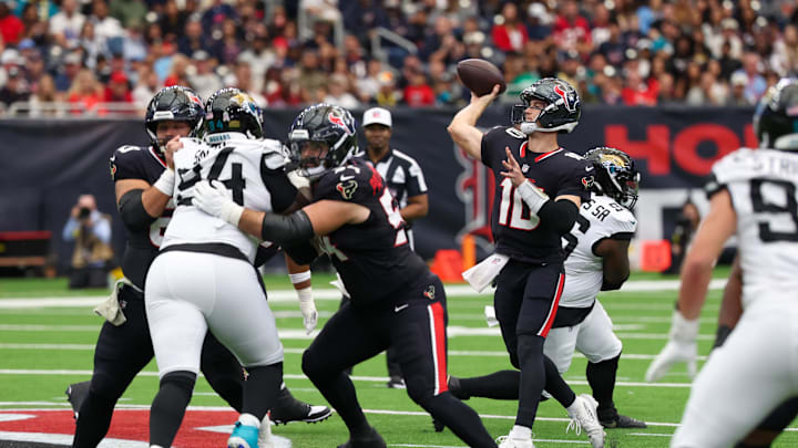 Nov 9, 2025; Houston, Texas, USA; Houston Texans quarterback Davis Mills (10) throws from the pocket against the Jacksonville Jaguars during the second half at NRG Stadium. Mandatory Credit: Thomas Shea-Imagn Images