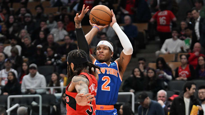 Mar 27, 2024; Toronto, Ontario, CAN; New York Knicks guard Miles McBride (2) shoots the ball over Mar 27, 2024; Toronto, Ontario, CAN; New York Knicks guard Miles McBride (2) shoots the ball over