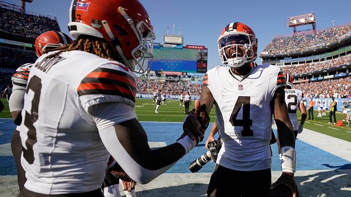 Cleveland Browns quarterback Deshaun Watson (4) celebrates his touchdown during the fourth quarter at Nissan Stadium in Nashville, Tenn., Sunday, Oct. 25, 2026.
