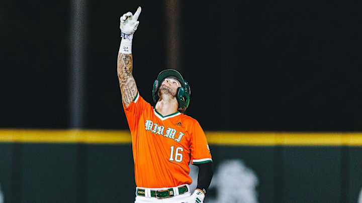 Miami Hurricanes DH Bobby Marsh celebrating a double against Niagara.