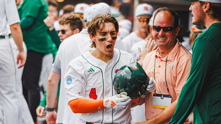 Miami's Jake Ogden After hitting home run in Super Regionals to give the Hurricanes a lead. 
