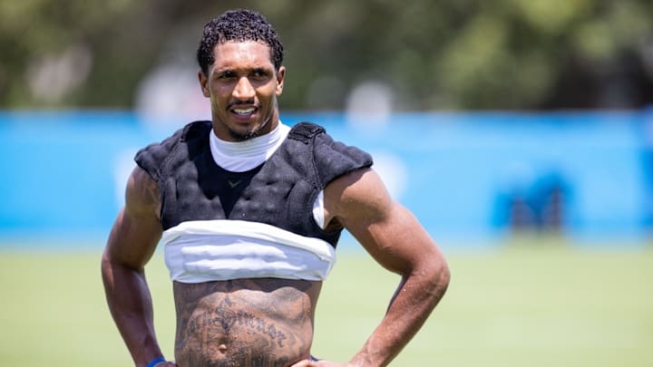 Jul 26, 2025; Charlotte, NC, USA; Carolina Panthers running back Chuba Hubbard (30) walks off after practice at training camp.