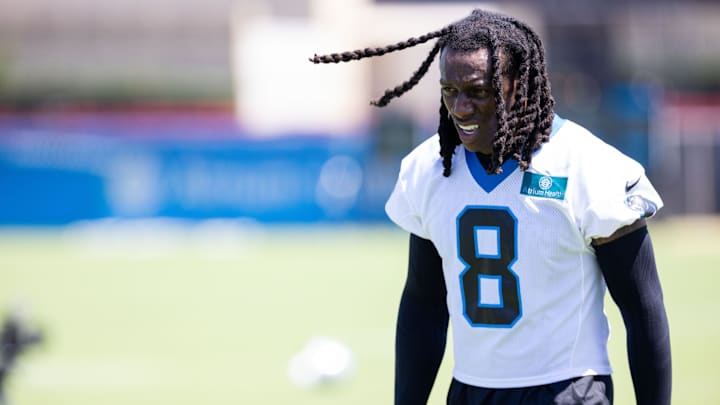 Jul 26, 2025; Charlotte, NC, USA; Carolina Panthers cornerback Jaycee Horn (8) walks off after practice at training camp. 