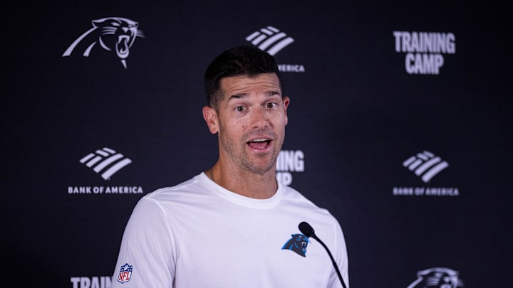 Jul 24, 2025; Charlotte, NC, USA; Carolina Panthers head coach Dave Canales speaks to the media after practice at training camp.