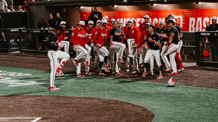Sherman Johnson (far left) celebrates with his team after hitting a home run in NC State's 7-4 win over UNC-Wilmington on Tuesday, April 7, 2026. 