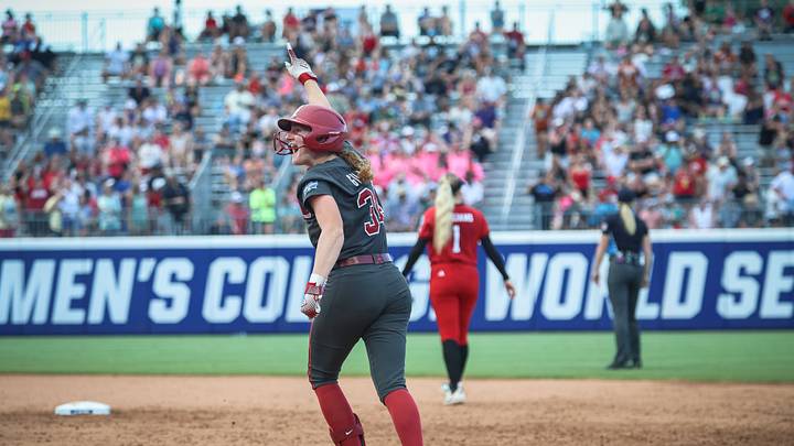 Marlie Giles celebrates a home run against Texas Tech- June 1, 2026
