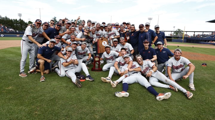 The Virginia baseball team celebrates after defeating Kansas State to advance to the 2024 College World Series. The Virginia baseball team celebrates after defeating Kansas State to advance to the 2024 College World Series.