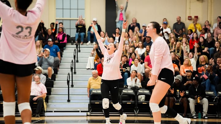 Wake Forest setter Rian Baker (17) celebrates at home match against the Clemson Tigers, Oct. 19, 2025.