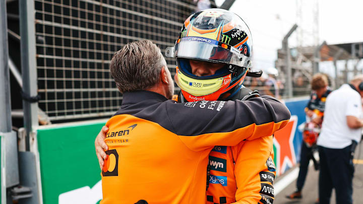 Oscar Piastri, McLaren, embraces CEO Zak Brown after winning the F1 2025 Dutch Grand Prix at the Circuit Zandvoort