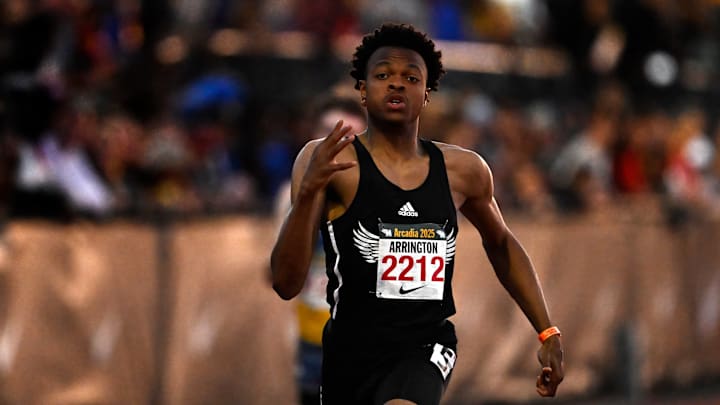 Brandon Arrington sets a meet record in the 200 meter race at the 2025 Arcadia Invitational but enrolled at Texas A&M early for football.