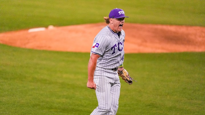 TCU starting pitcher, Tommy LaPour, shows some emotion after a big strikeout in the Horned Frogs' series-opening win vs UCF. 