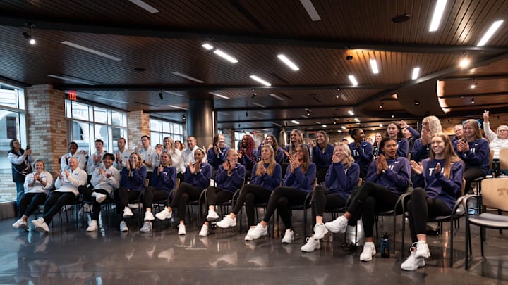 TCU Volleyball players react after they were selected into the 2025 NCAA Volleyball Tournament.
