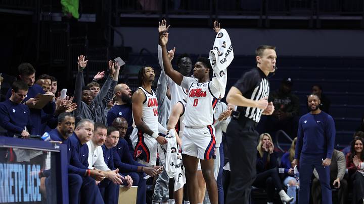 The Ole Miss bench celebrates during its win over Southern on Dec. 17.