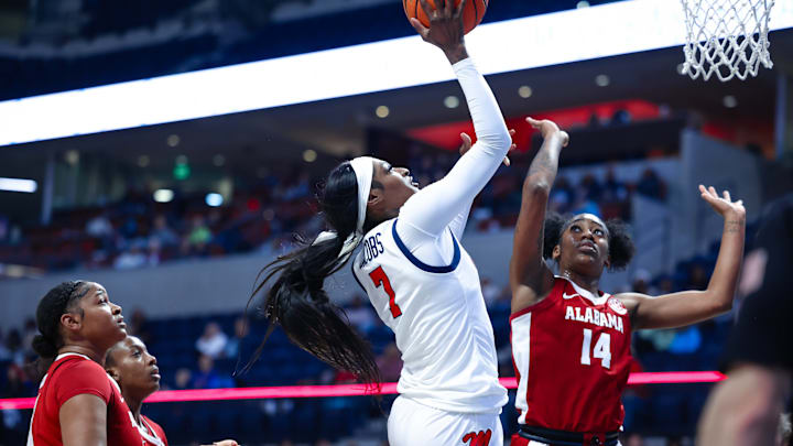 Ole Miss' Starr Jacobs takes a shot against the Alabama Crimson Tide on Jan. 12, 2025 at the SJB Pavilion in Oxford, Mississippi. Ole Miss' Starr Jacobs takes a shot against the Alabama Crimson Tide on Jan. 12, 2025 at the SJB Pavilion in Oxford, Mississippi.