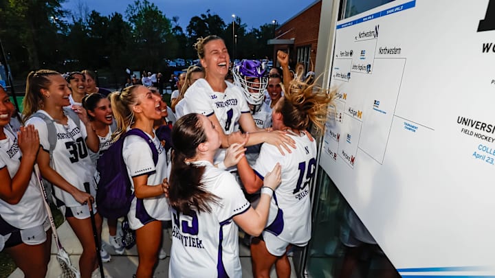 Northwestern Lacrosse celebrates after a Big Ten Tournament semi-final win on April 25, 2025.