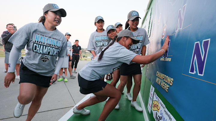 Northwestern Women's Golf stamps its logo in the championship spot on the NCAA Tournament bracket. Northwestern Women's Golf stamps its logo in the championship spot on the NCAA Tournament bracket.