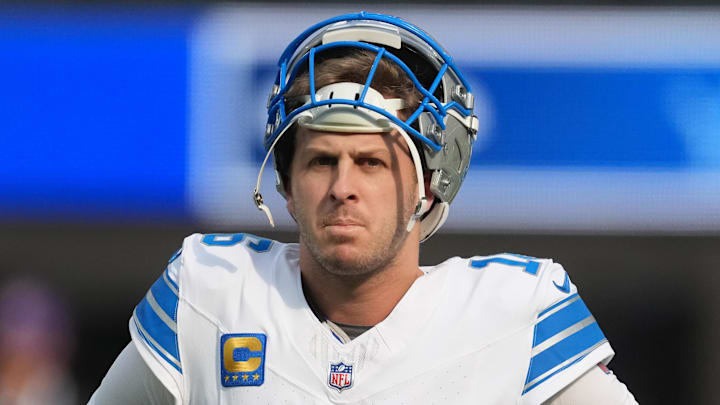 Dec 14, 2025; Inglewood, California, USA; Detroit Lions quarterback Jared Goff (16) is seen during warmups prior to the game against the Los Angeles Rams at SoFi Stadium. Mandatory Credit: Kirby Lee-Imagn Images
